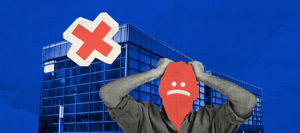 A person with a red frowning paper bag over their head, clutching their head in dismay, with a large red "X" above a glass office building, against a blue textured background.