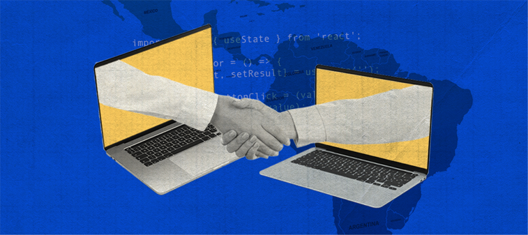 Handshake between two hands emerging from laptop screens against a blue background with code and world map outlines, representing remote collaboration in tech.