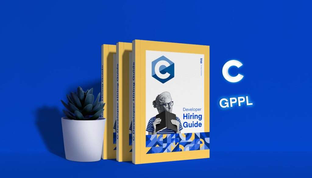 A graphic featuring three yellow books standing upright with "Developer Hiring Guide" on the cover and the C programming language logo, next to a potted succulent, against a blue background. To the right, a larger C logo with the text "GPPL" floating beside it.