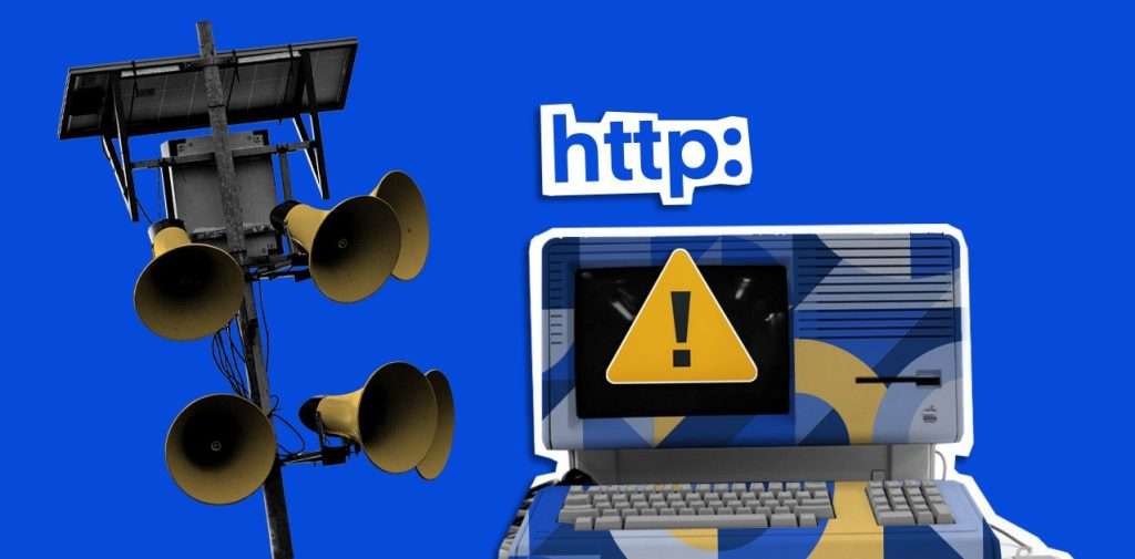 Cluster of loudspeakers on a pole, a hand holding a yellow funnel, and a laptop displaying a warning icon, all on a blue background with a geometric design and the text "http:" floating above.
