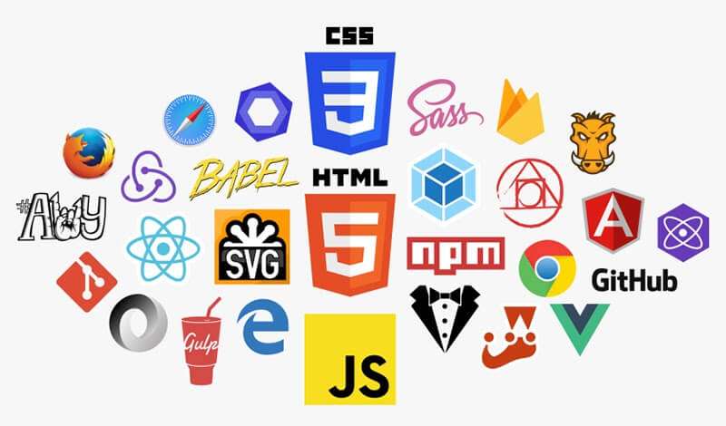 A collage of various web development and programming language logos, including CSS, HTML5, JavaScript, GitHub, and others.