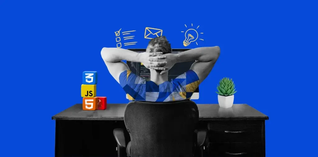 A person in a relaxed pose with their hands behind their head, sitting in front of a computer with programming icons floating above their head, beside stacked cubes labeled with CSS3, JS, and HTML5 logos, indicating web development work.
