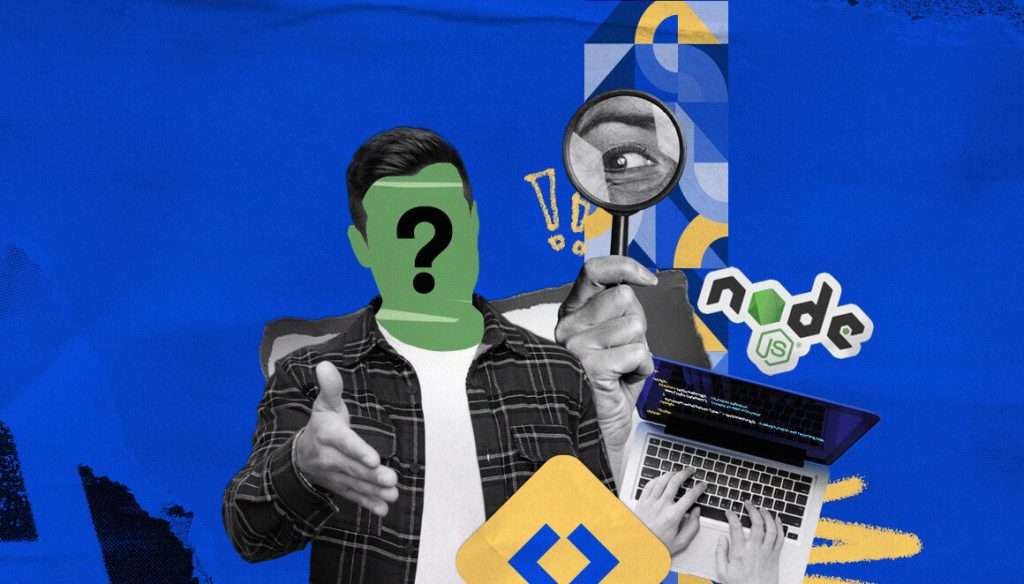 A conceptual image representing a person with a question mark for a face, holding a thumbs up and a magnifying glass over an eye, with a background including Node.js and JavaScript symbols, possibly symbolizing search, inquiry, or debugging in programming.