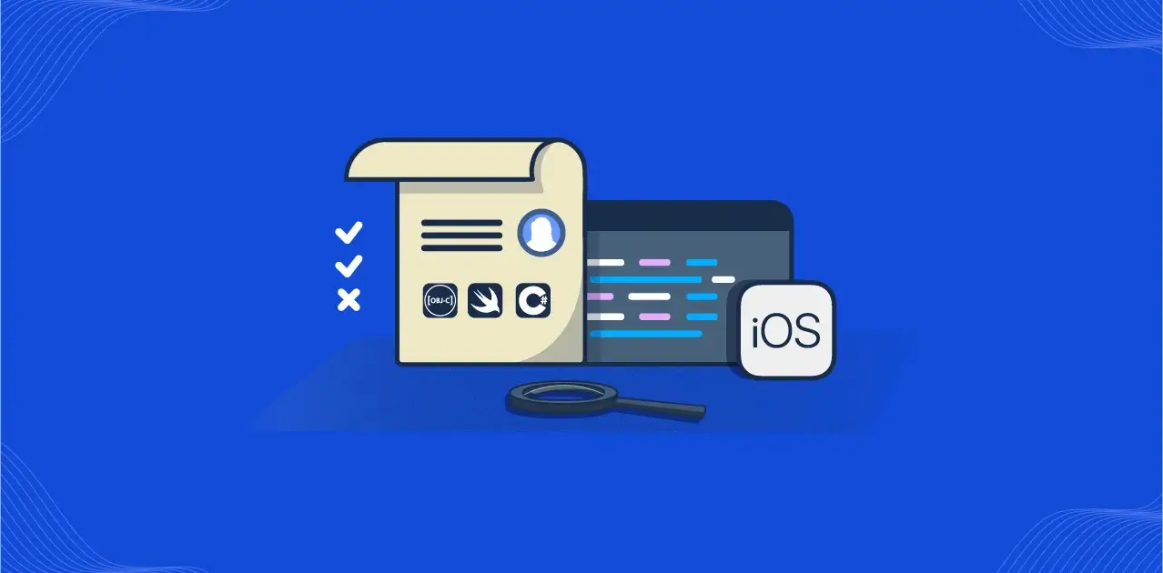 A stylized graphic of iOS development tools, including a checklist on a clipboard, a laptop with code on the screen, an iOS logo, and a magnifying glass, all against a blue background.