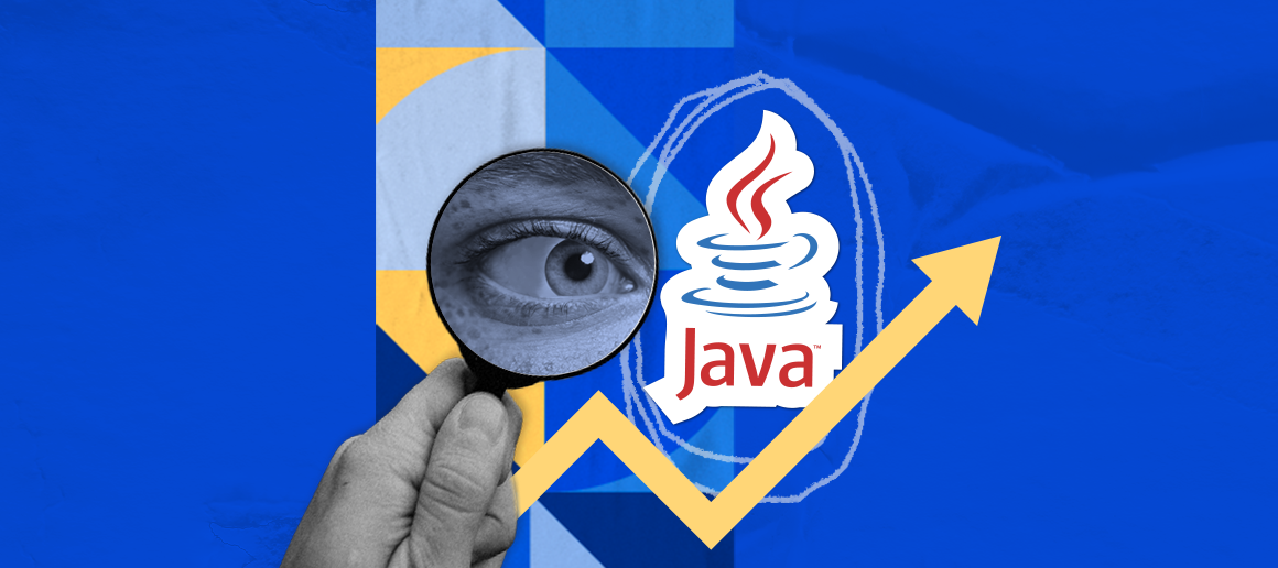 Human hand holding magnifying glass over eye with Java logo and upward arrow on blue background.