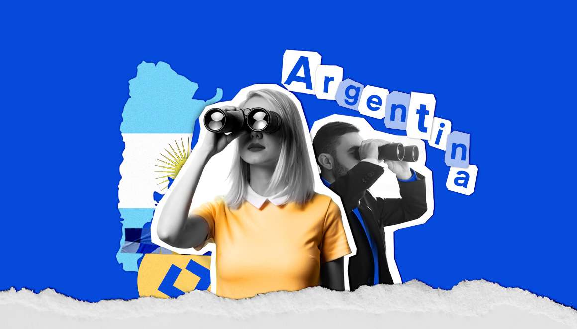 A collage featuring a map of Argentina in light blue and white, a woman with sunglasses looking through binoculars, and a man in a suit doing the same, with the word Argentina in bold letters above.