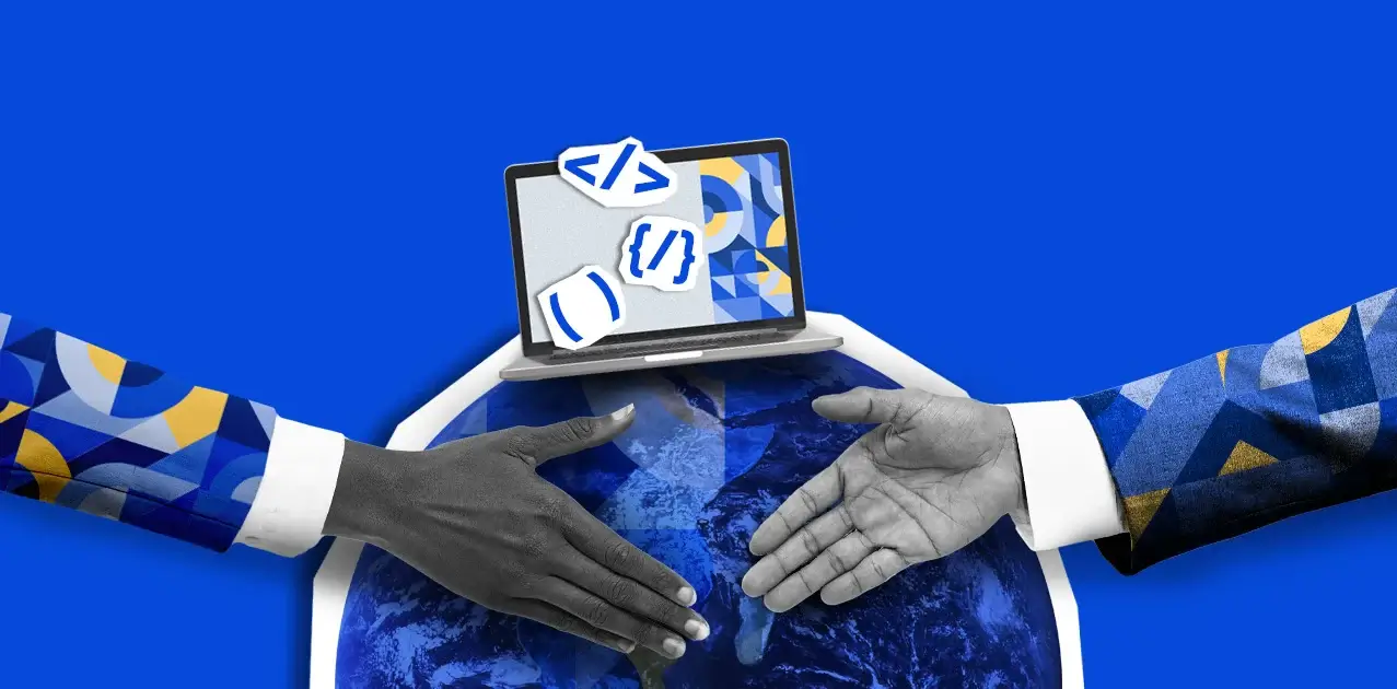 Two hands over a globe, one pointing at a laptop with programming symbols on the screen, representing global software development, against a blue background with geometric designs.