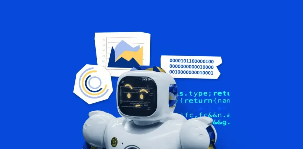 A humanoid robot with a screen for a head displaying code, surrounded by analytical charts and symbols, against a blue background with a digital binary code stream.