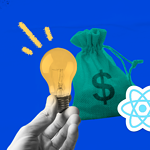The image depicts a hand holding a lightbulb and a green money bag with a dollar sign, symbolizing innovation and financial success, against a blue background with geometric patterns.