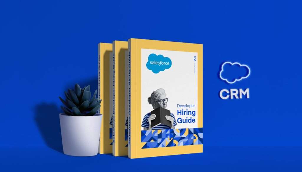 An image featuring three yellow books with 'Salesforce Developer Hiring Guide' on the spine and cover, next to a potted succulent, with a Salesforce logo and a cloud labeled 'CRM' floating on a blue background.