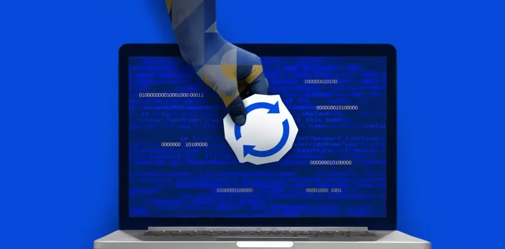 A hand emerging from a digital swirl on a laptop screen, holding a refresh or sync icon, with a background of binary code on a blue backdrop.