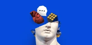 A classical bust with coding and thought symbols floating above, set against a vibrant blue background with abstract designs.