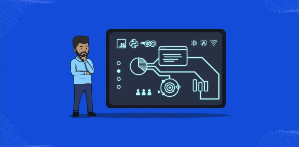 A man pondering next to a digital display featuring programming and technology icons, suggesting a concept or process, on a blue background.