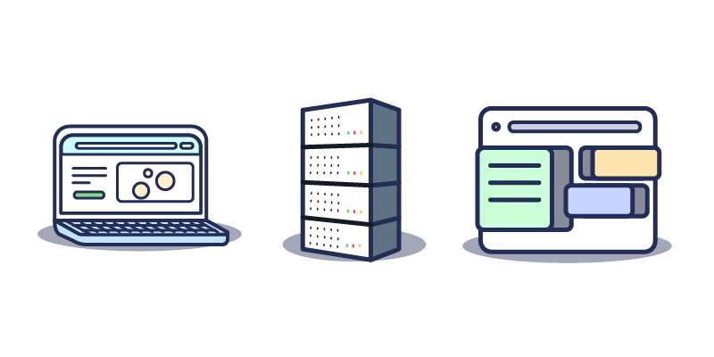 Set of three digital technology icons: a laptop, server racks, and a browser window.