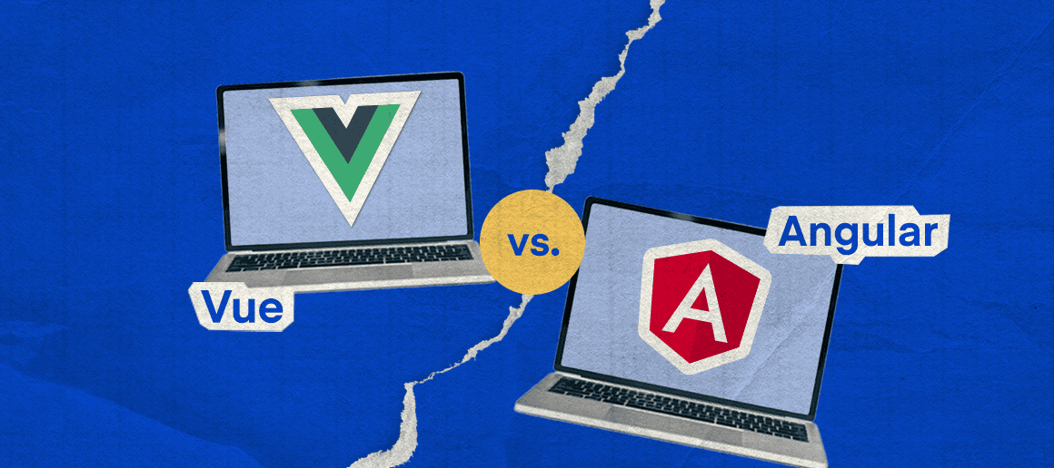 Illustration of two laptops with logos, depicting a comparison between Vue and Angular frameworks.