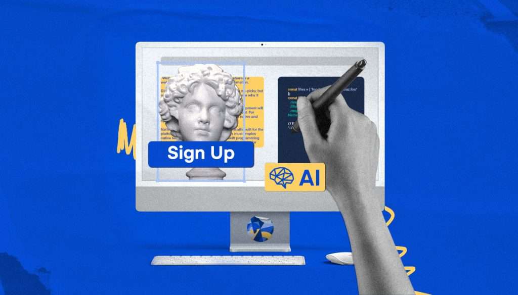 Illustration of a web development environment with a signup interface, classical sculpture, and coding elements.