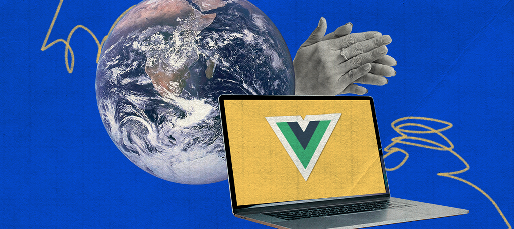 Laptop displaying Vue.js logo with a representation of Earth and a clapping hand in the background.