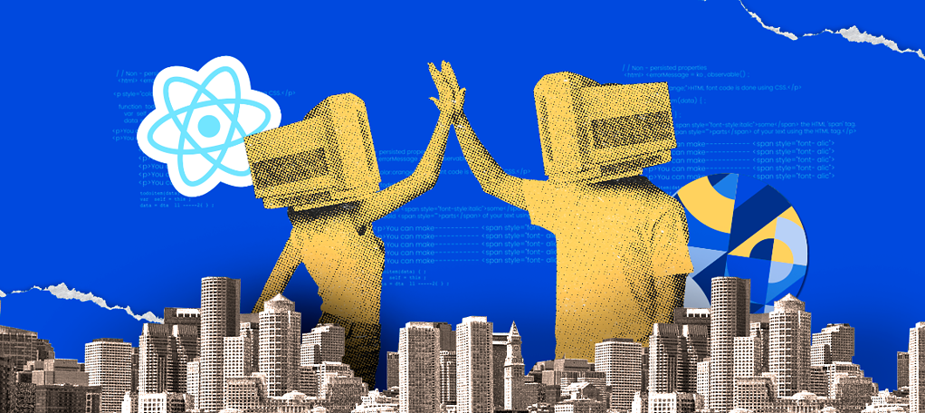 Silhouetted figures high-fiving over a cityscape, with cogs representing development synergy.