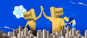 Silhouetted figures high-fiving over a cityscape, with cogs representing development synergy.