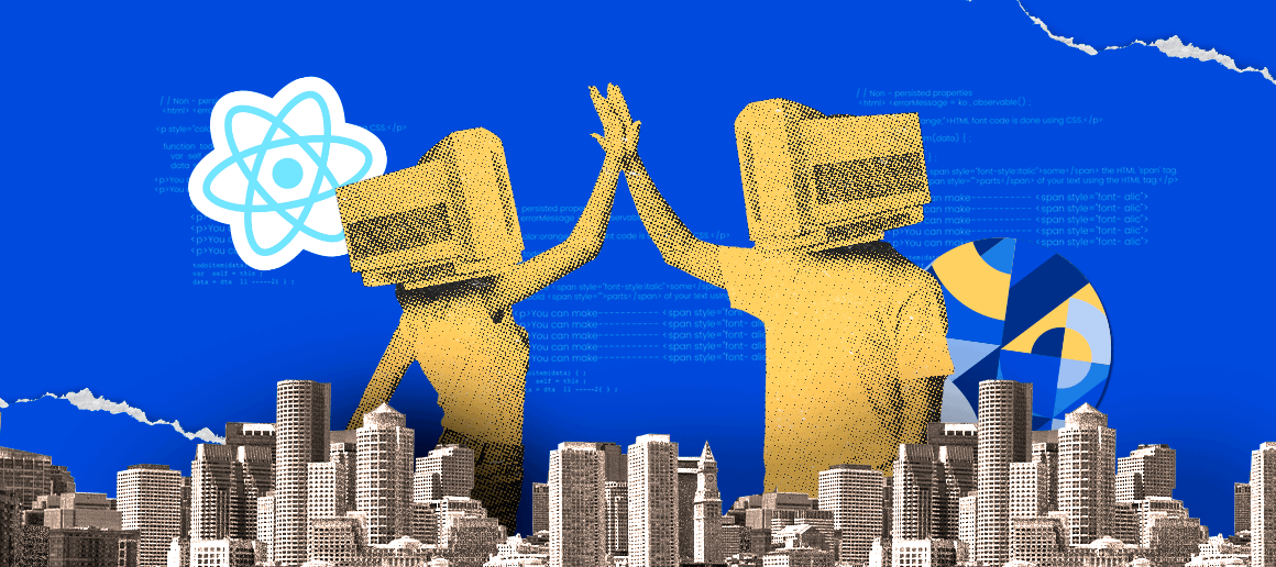 Silhouetted figures high-fiving over a cityscape, with cogs representing development synergy.