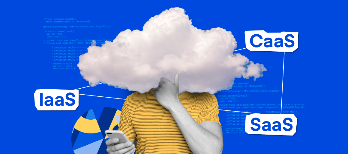 Person with cloud for a head holding a phone, surrounded by IaaS, CaaS, SaaS labels.