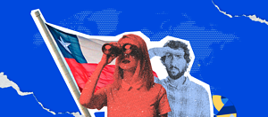 Person with binoculars and a contemplative companion against the Chilean flag.