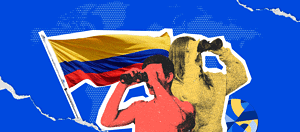 A person with binoculars overlaying a Colombian flag, depicting a vision for tech growth.