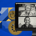 A video call screen showing four happy team members on a laptop with gear cogs.
