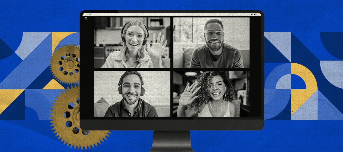 A video call screen showing four happy team members on a laptop with gear cogs.