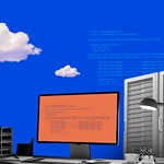 Data center servers with gears and clouds, representing cloud computing infrastructure.