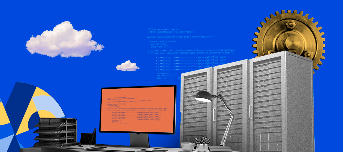 Data center servers with gears and clouds, representing cloud computing infrastructure.