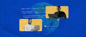 Collage of developers with global networking graphics, highlighting remote collaboration.