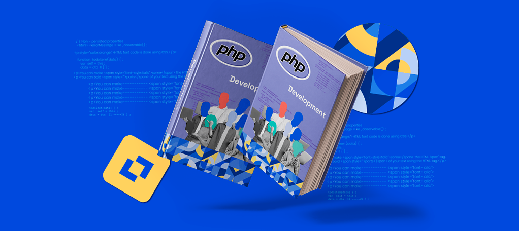 Twin book covers in purple with 'PHP Develop Development' title, on an abstract technological background.