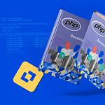Twin book covers in purple with 'PHP Develop Development' title, on an abstract technological background.
