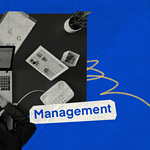 Overhead view of a workspace with 'Technology' and 'Management' text, illustrating the fusion of tech and leadership.