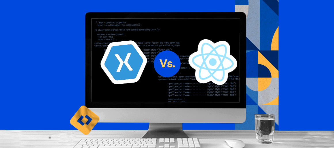 A computer monitor displaying code with overlay graphics of Xamarin and React Native logos, and "Vs." between them, set against a blue background with geometric shapes.