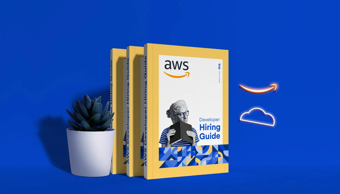 Three copies of the AWS Developer Hiring Guide on a blue background with a potted succulent and neon cloud and smile icons.