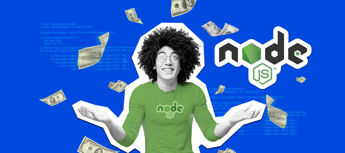 Happy Node.js developer surrounded by floating dollar bills, representing high earnings.