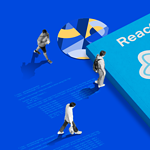 A graphic featuring a large book titled 'React Best Practices' with Trio's branding. Around the book, miniature people interact with icons representing JavaScript, React, and JS frameworks, set against a vivid blue background.