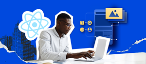 Developer working on a laptop with React logo and icons representing various user interface elements.