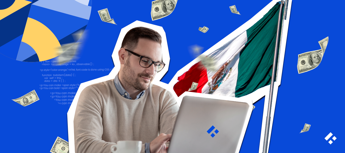 A man working on a laptop with the Mexican flag in the background and dollar bills floating around.