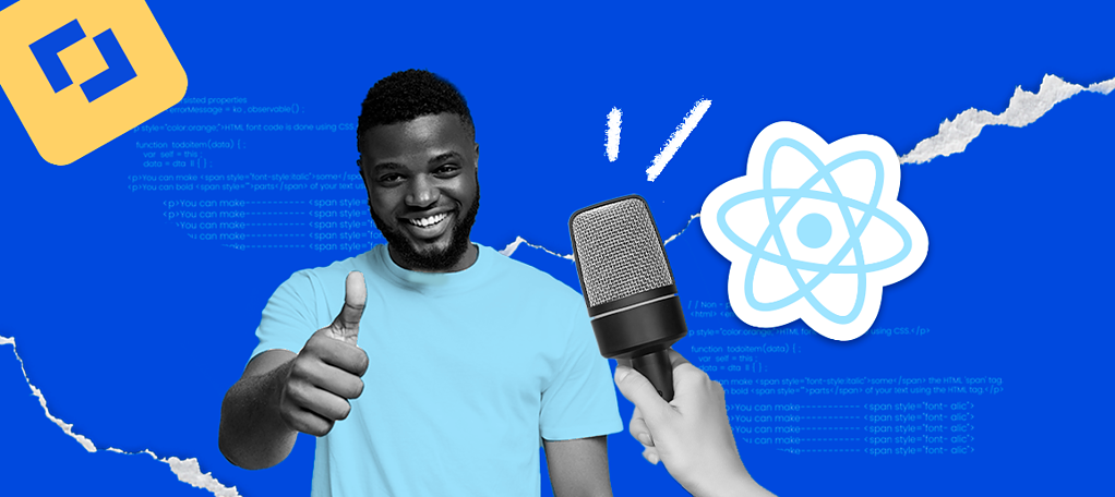 Man giving thumbs up with microphone and React Native logo