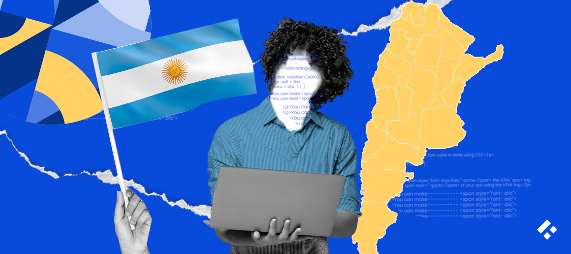 Person holding a laptop and an Argentina flag with a map of Argentina