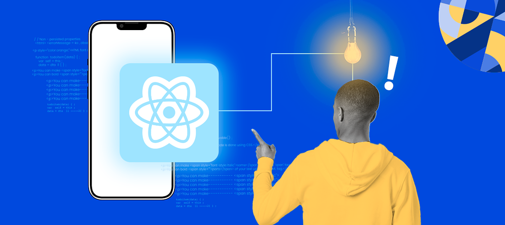 Person pointing at a smartphone with the React Native logo