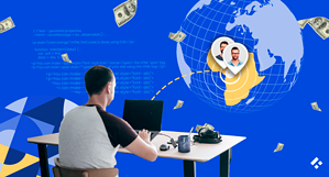 Illustrative concept of global outsourcing to African developers showing money flow, a developer at work, and connectivity through digital networks.