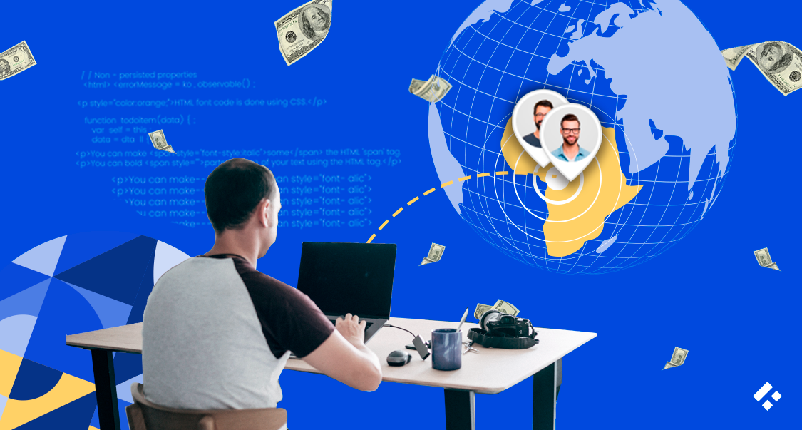 Illustrative concept of global outsourcing to African developers showing money flow, a developer at work, and connectivity through digital networks.