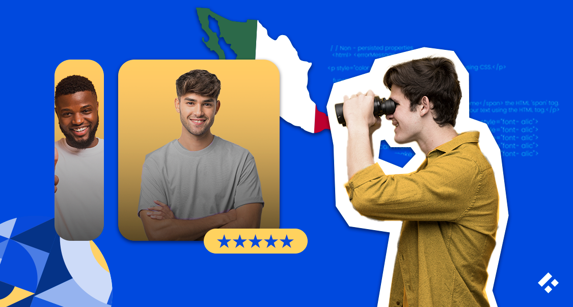 Composite image of a developer working remotely with Mexico outlined and a five-star rating, illustrating the high quality of Mexican tech talent.