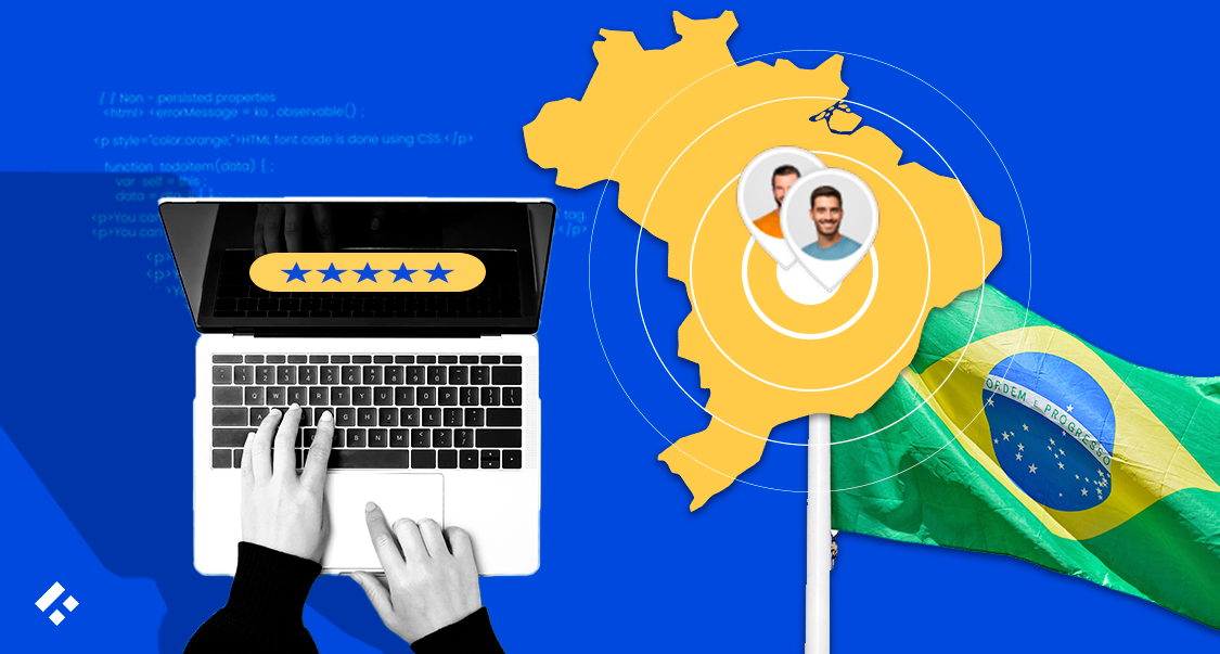Composite image with Brazilian flag, map, gears, and a laptop displaying five-star reviews, symbolizing Brazil's thriving IT outsourcing industry.
