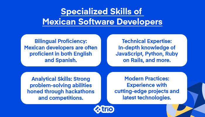 Detailed overview of specialized skills of Mexican software developers including bilingual proficiency, technical expertise, analytical skills, and modern practices.