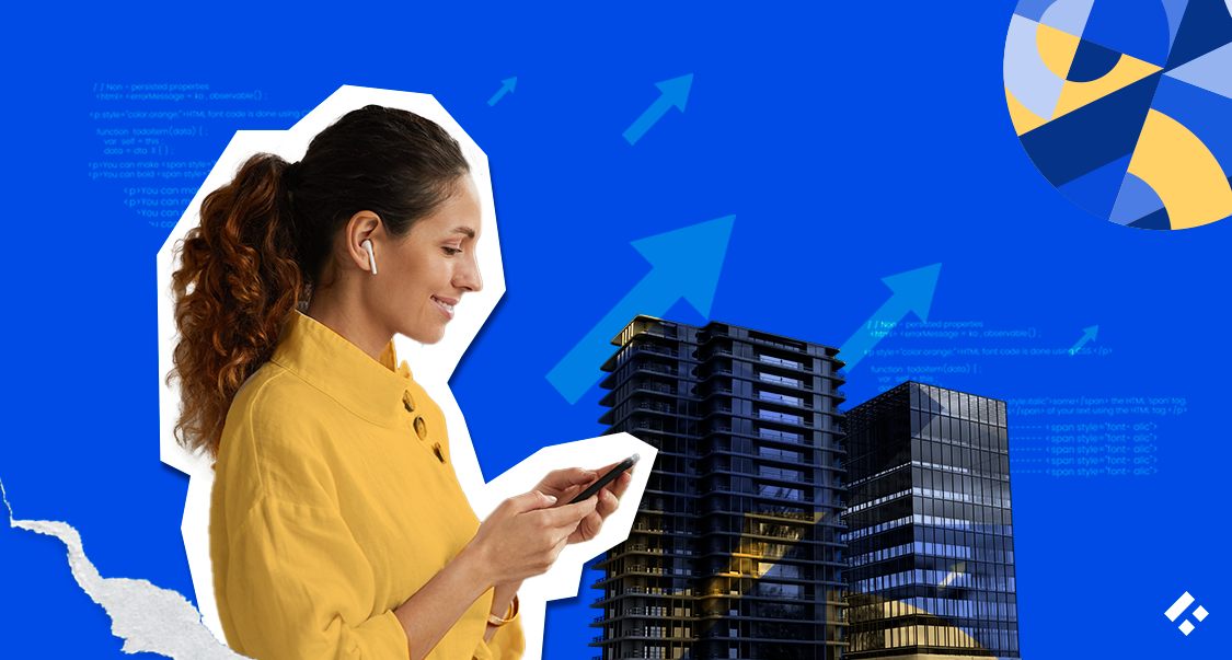 Woman smiling while using a smartphone with skyscrapers and arrows in the background symbolizing business growth.